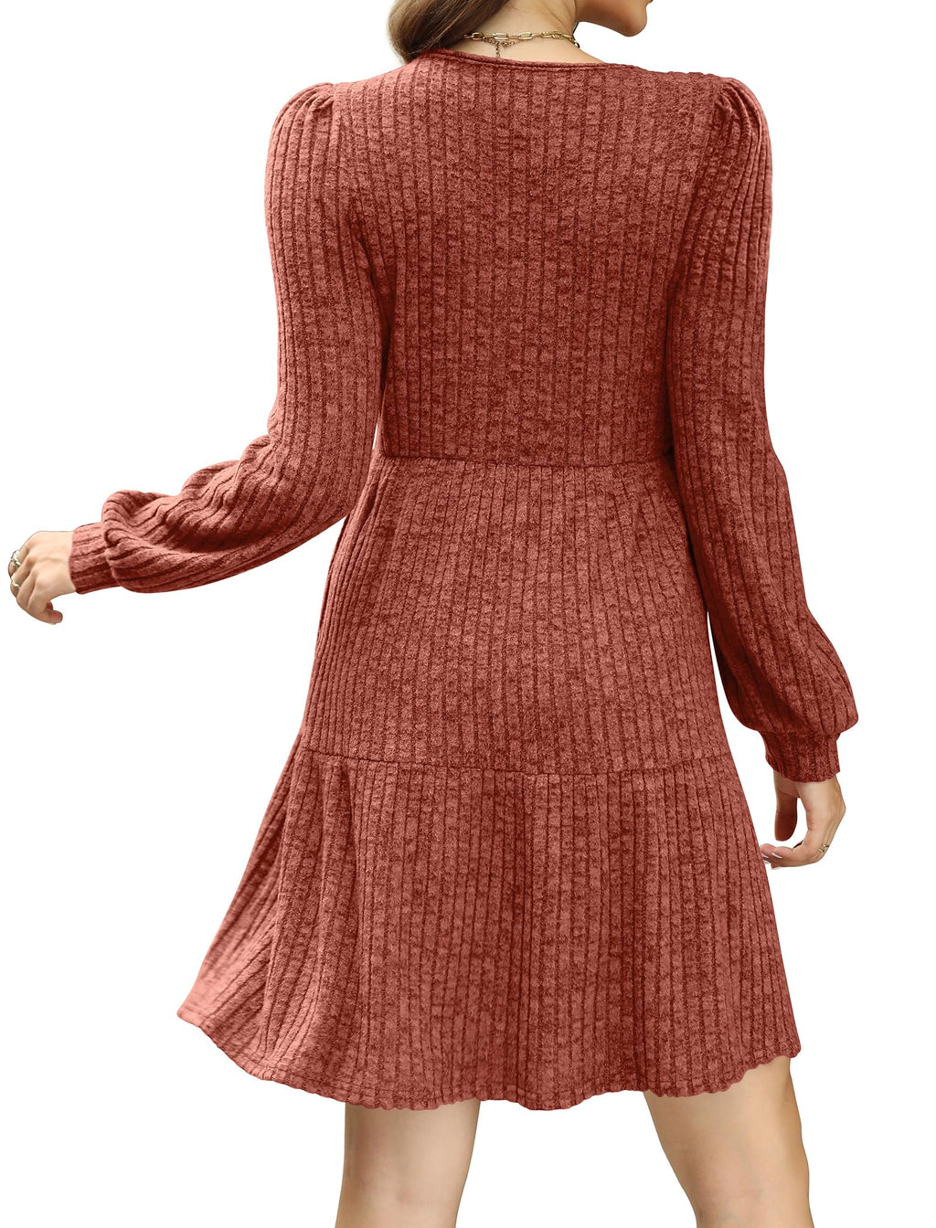 Women's Square Neck Lantern Sleeve Ribbed Dress - Buy 2, Get Free Shipping!