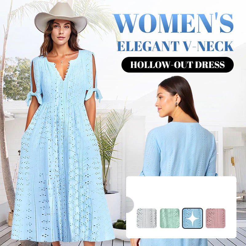 💃Robe unie élégante à col en V et ajourée pour femme - Achetez-en 2 et obtenez la livraison gratuite ! 