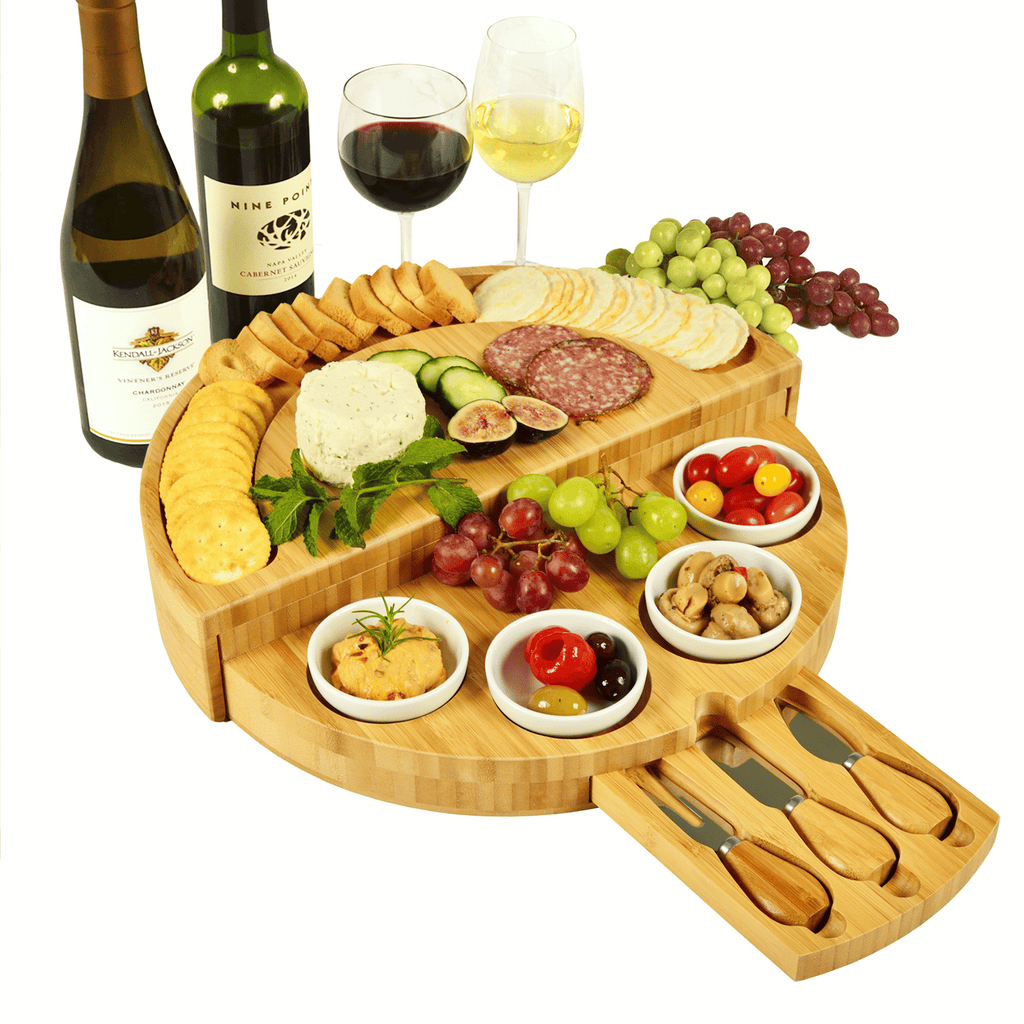 Planche à charcuterie pivotante en bambou 2025 avec 4 bols en céramique intégrés et ensemble de 3 couteaux 