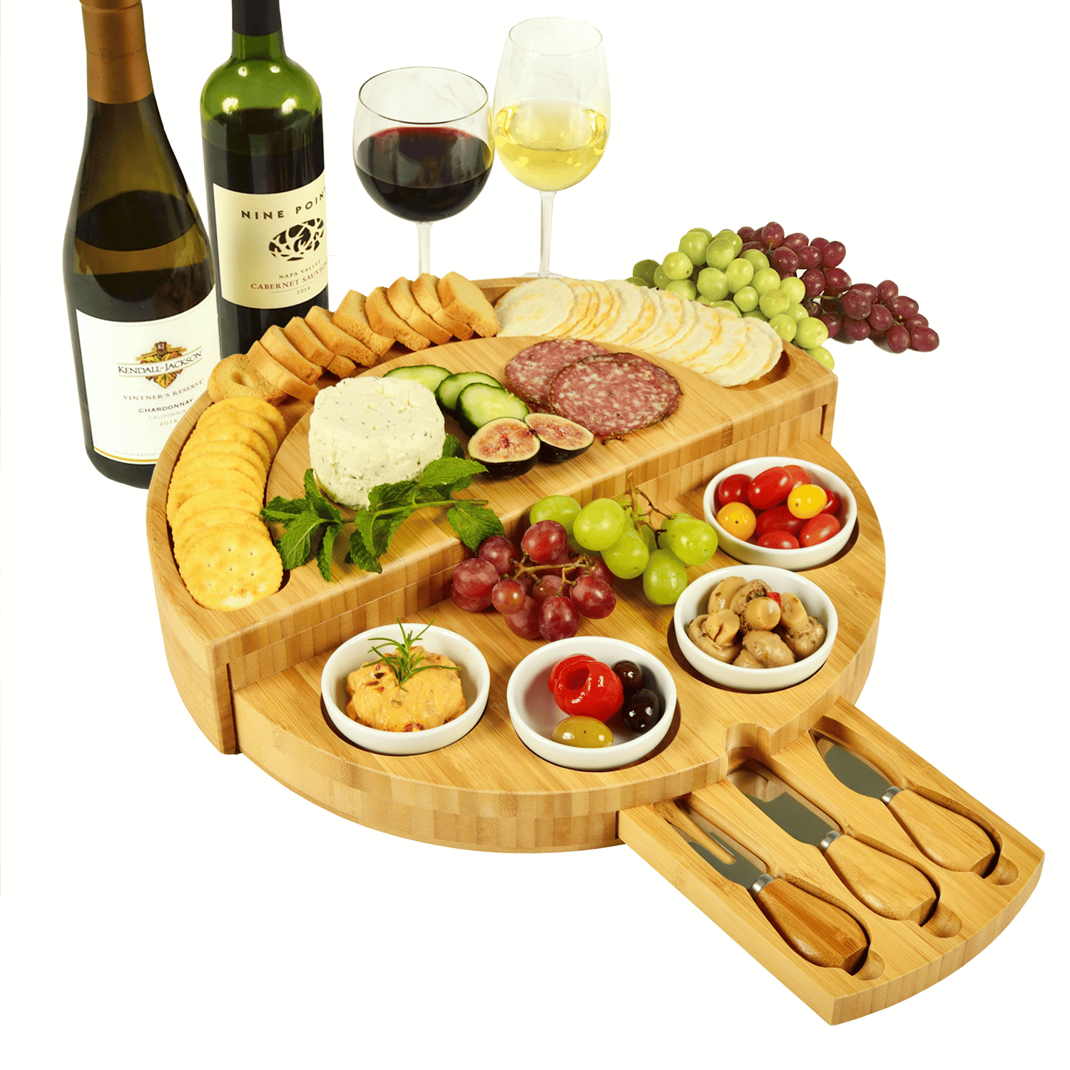 Planche à charcuterie pivotante en bambou 2025 avec 4 bols en céramique intégrés et ensemble de 3 couteaux 