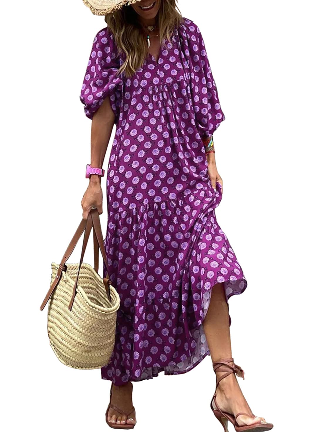 robes longues bohèmes géométriques à manches bouffantes pour femmes 