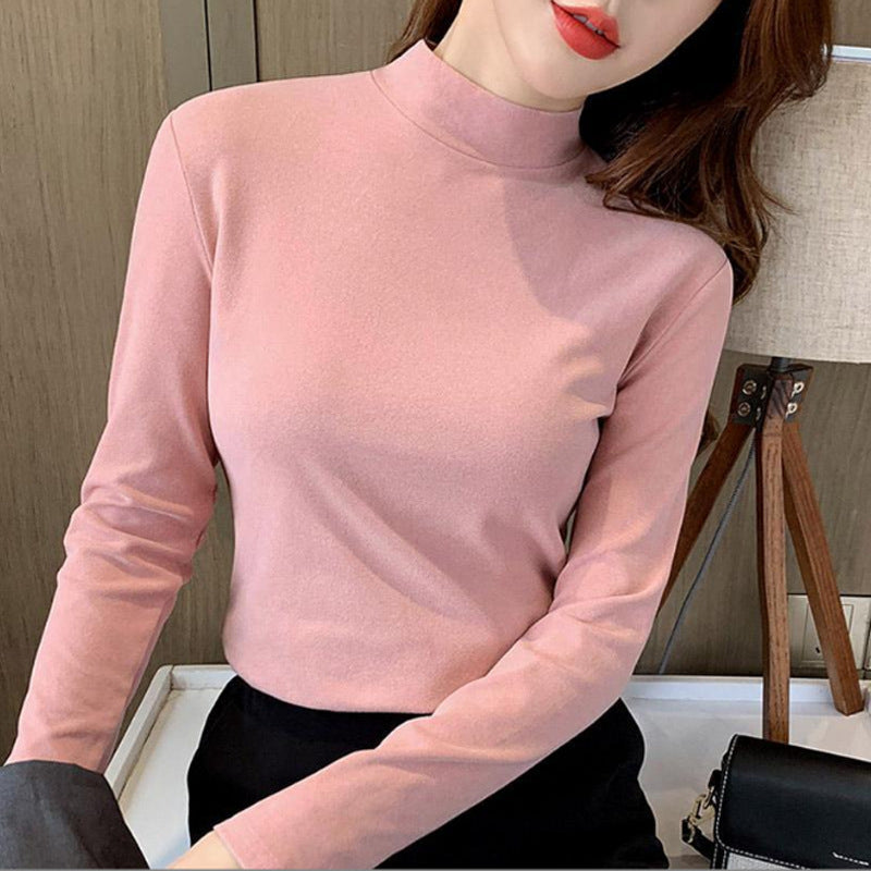 Women's Comfortable Solid Color Half High Neck Long Sleeve Top
