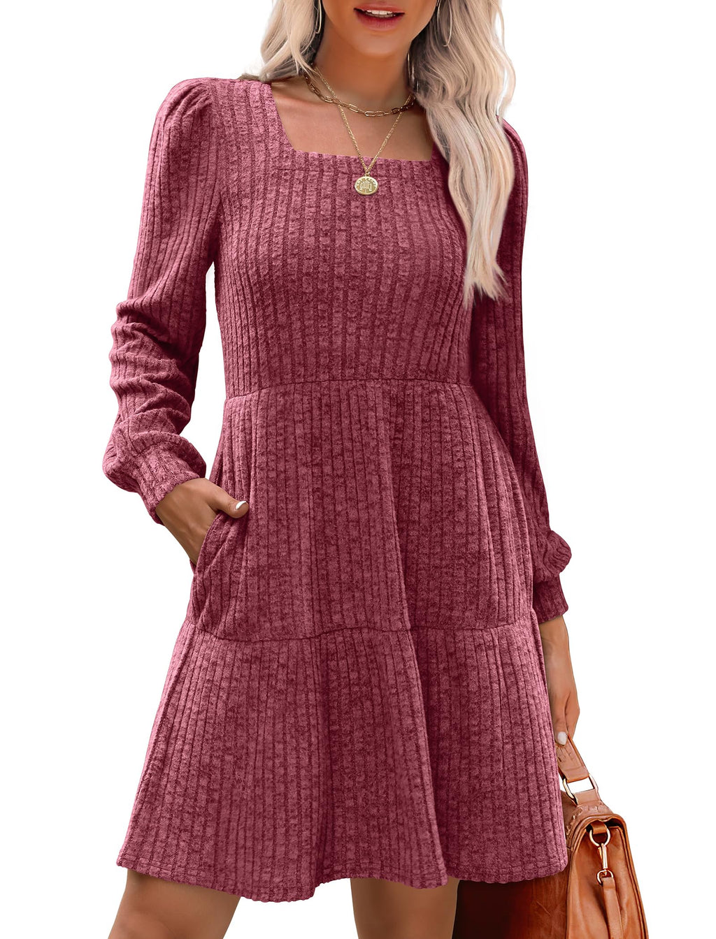 Women's Square Neck Lantern Sleeve Ribbed Dress - Buy 2, Get Free Shipping!