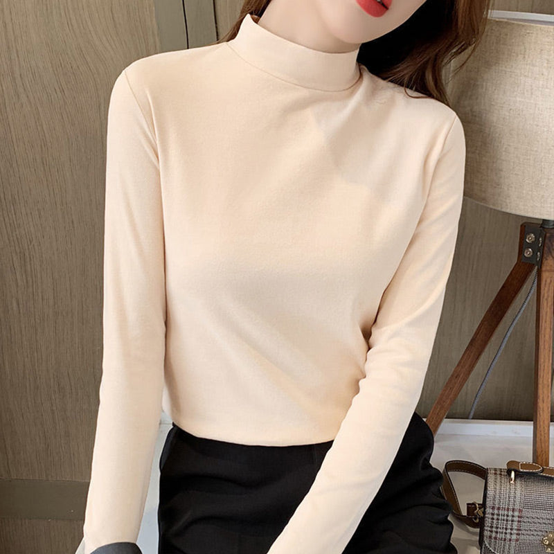 Women's Comfortable Solid Color Half High Neck Long Sleeve Top