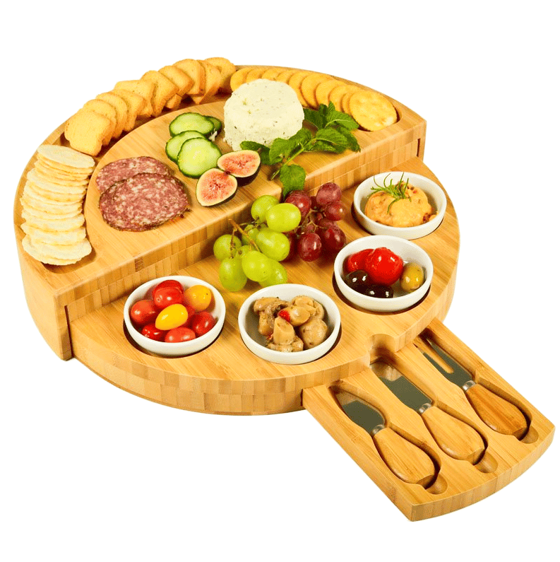 Planche à charcuterie pivotante en bambou 2025 avec 4 bols en céramique intégrés et ensemble de 3 couteaux 