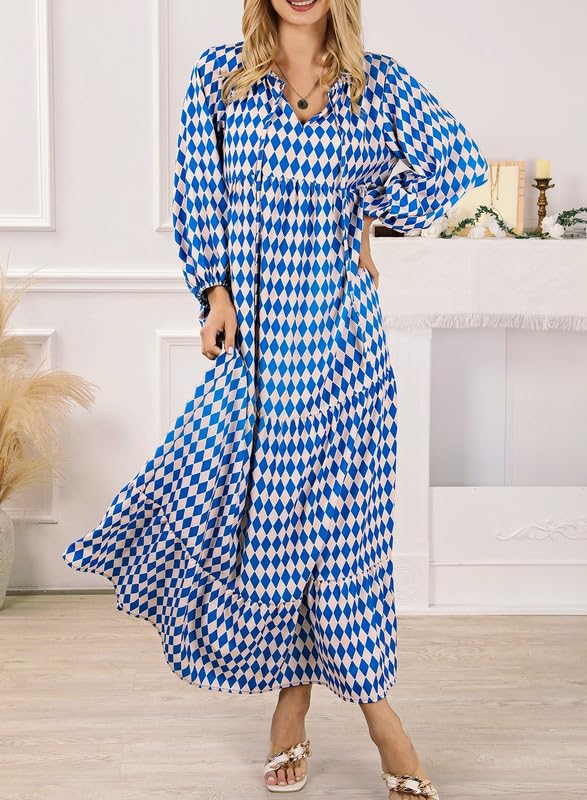 robes longues bohèmes géométriques à manches bouffantes pour femmes 