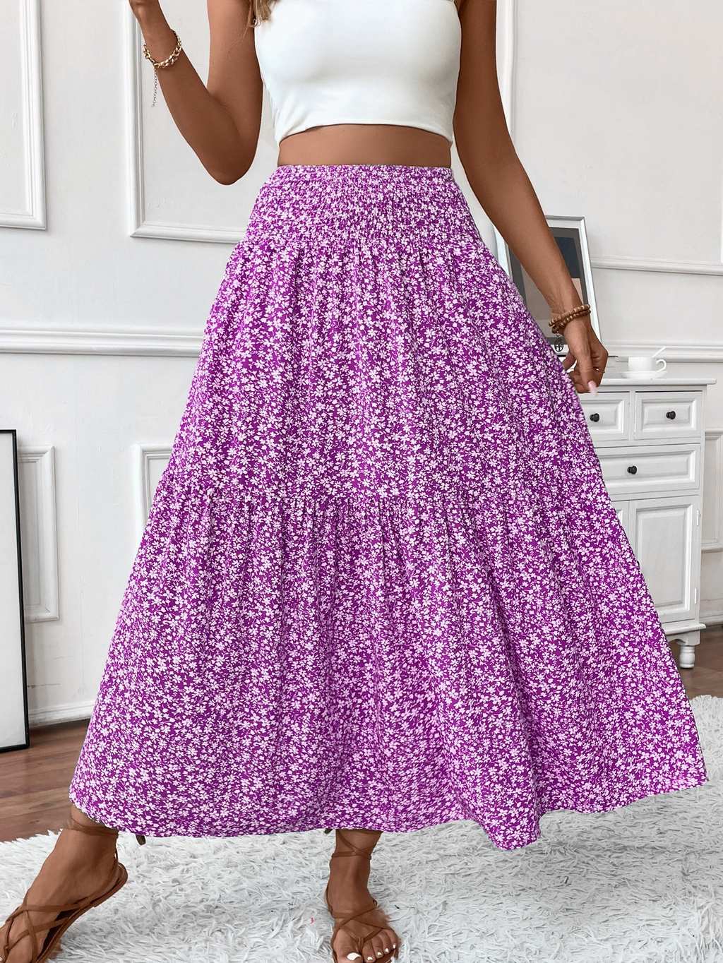 Floral print three-layer patchwork long skirt - Buy 2 items and get free shipping！