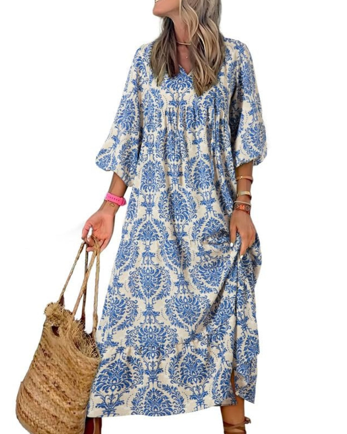 robes longues bohèmes géométriques à manches bouffantes pour femmes 