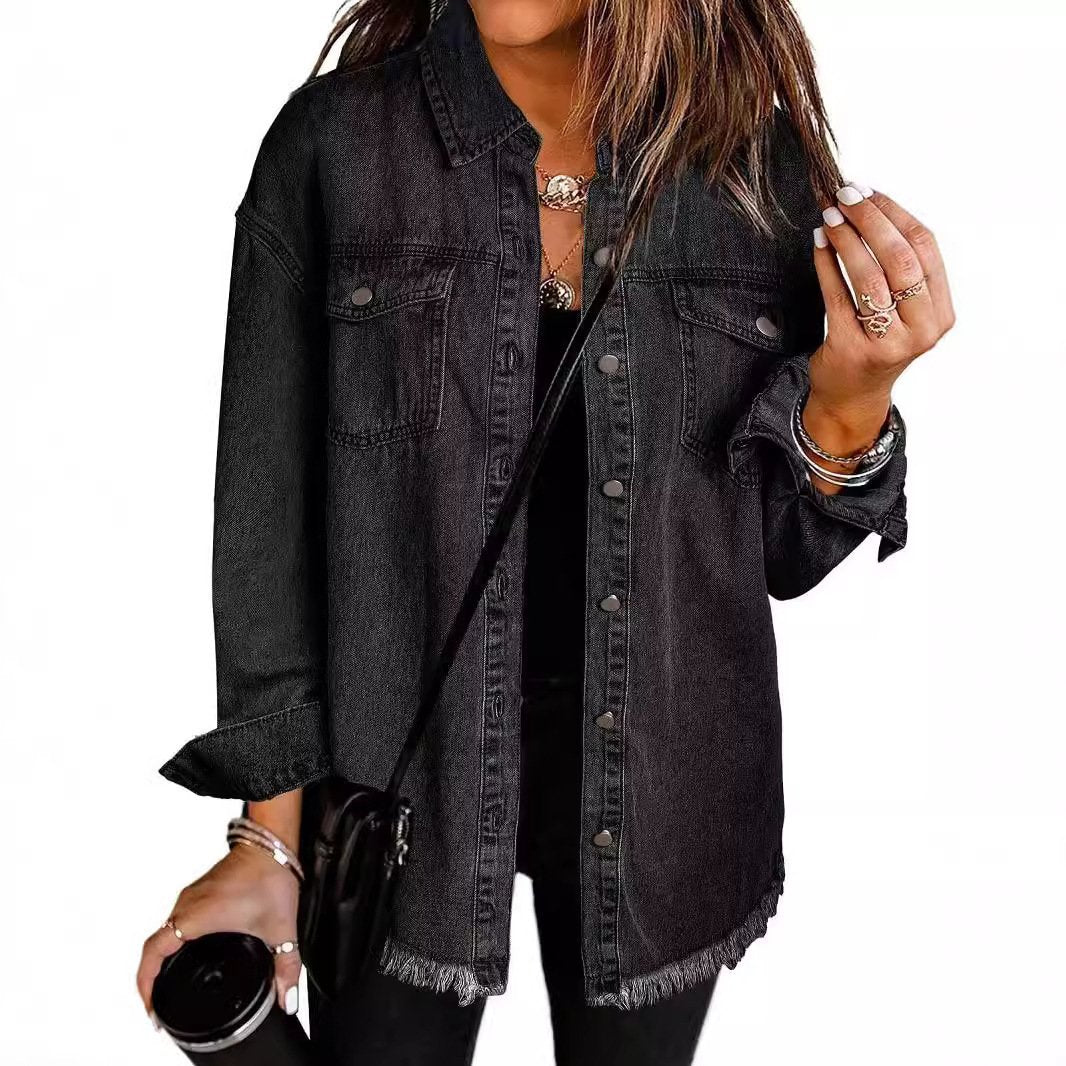 2025 Women's Casual Denim Button Down Distressed Jacket