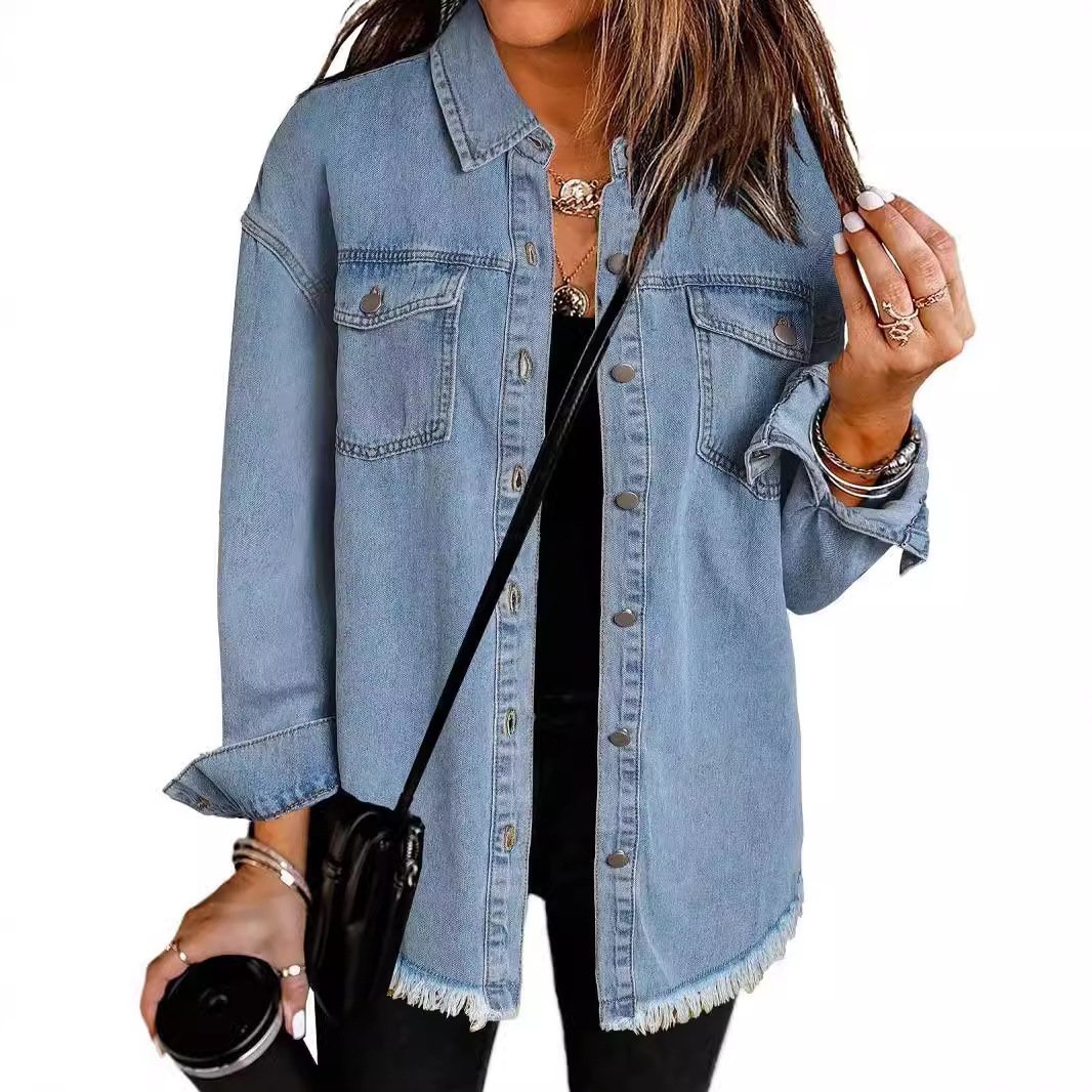 2025 Women's Casual Denim Button Down Distressed Jacket