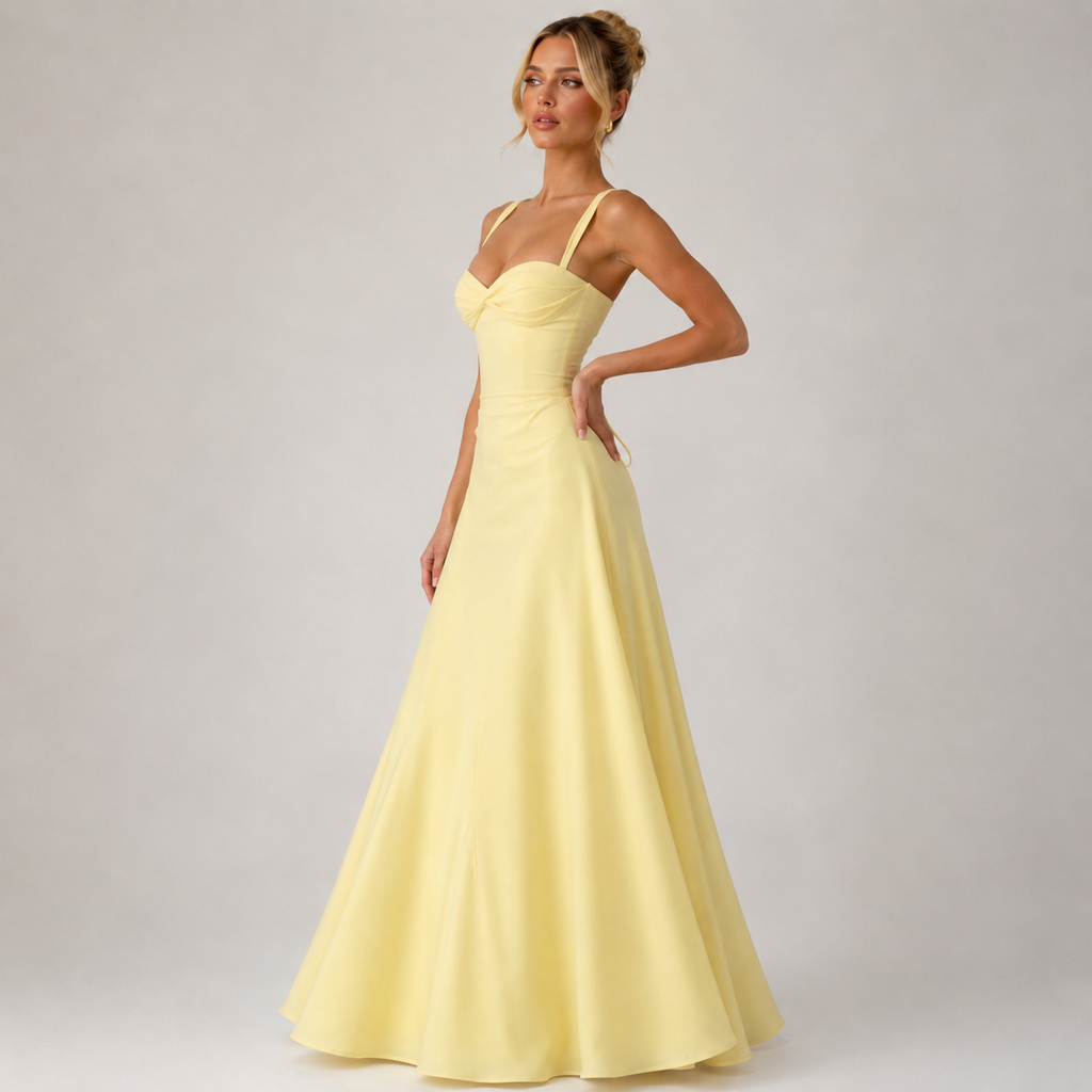 Yellow Sweetheart Neck Ruched Sleeveless Midi Dress