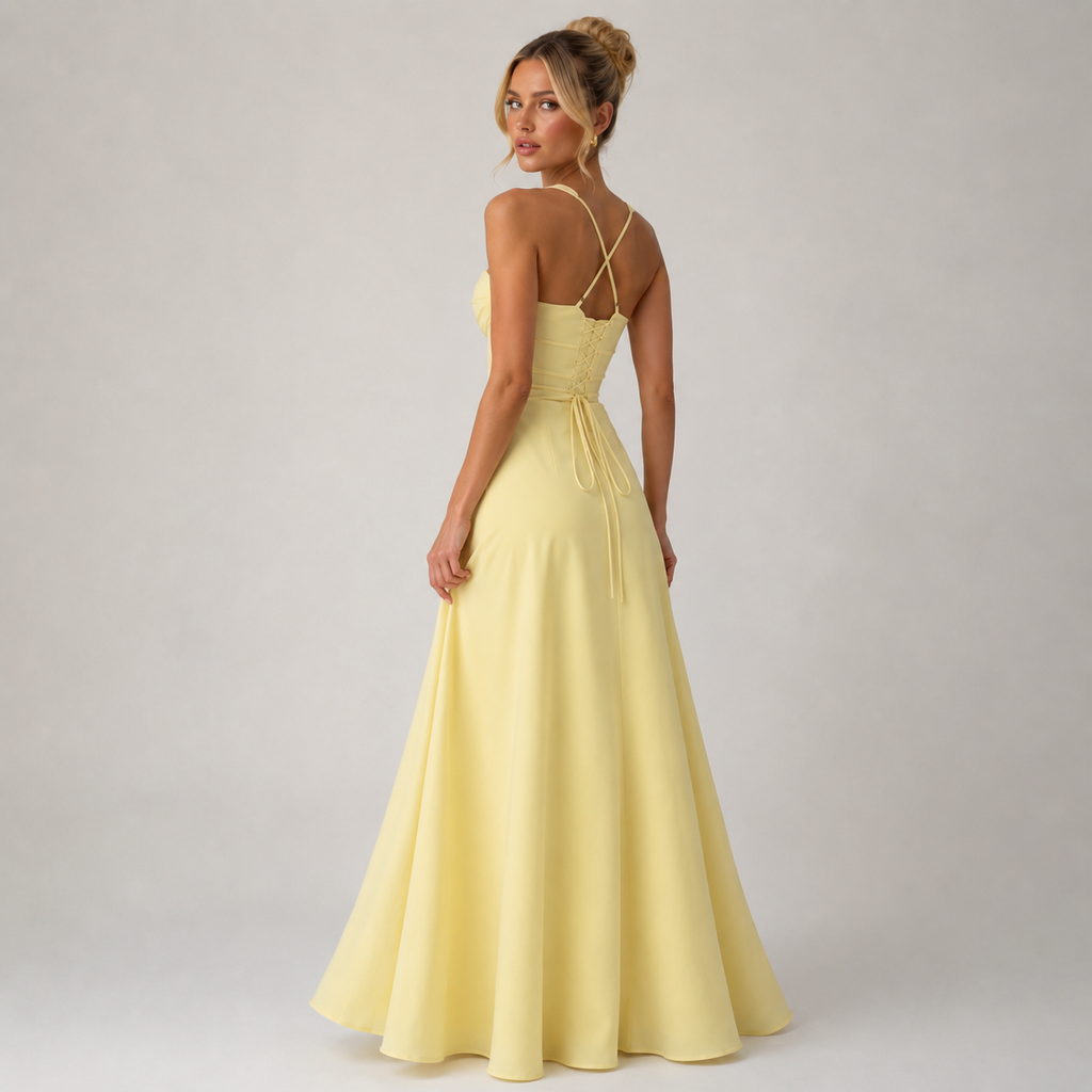 Yellow Sweetheart Neck Ruched Sleeveless Midi Dress