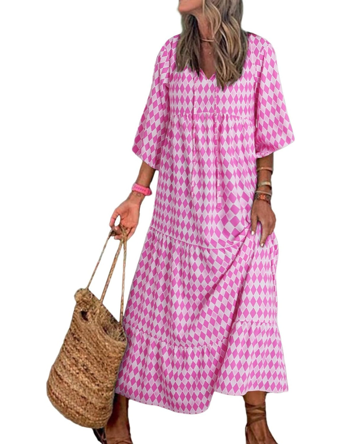 robes longues bohèmes géométriques à manches bouffantes pour femmes 