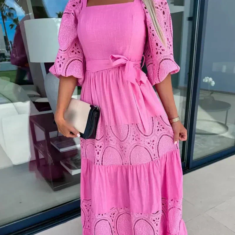 💖Limited Sale 50% OFF💖Women’s Trendy Patchwork Tie Waist Square Neck Long Dress