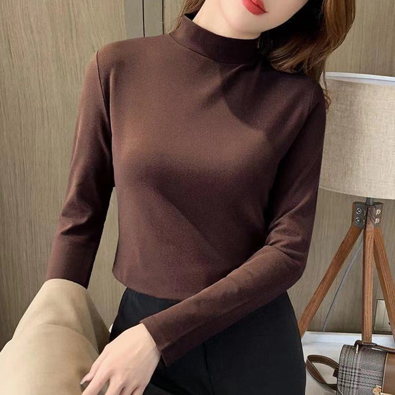Women's Comfortable Solid Color Half High Neck Long Sleeve Top