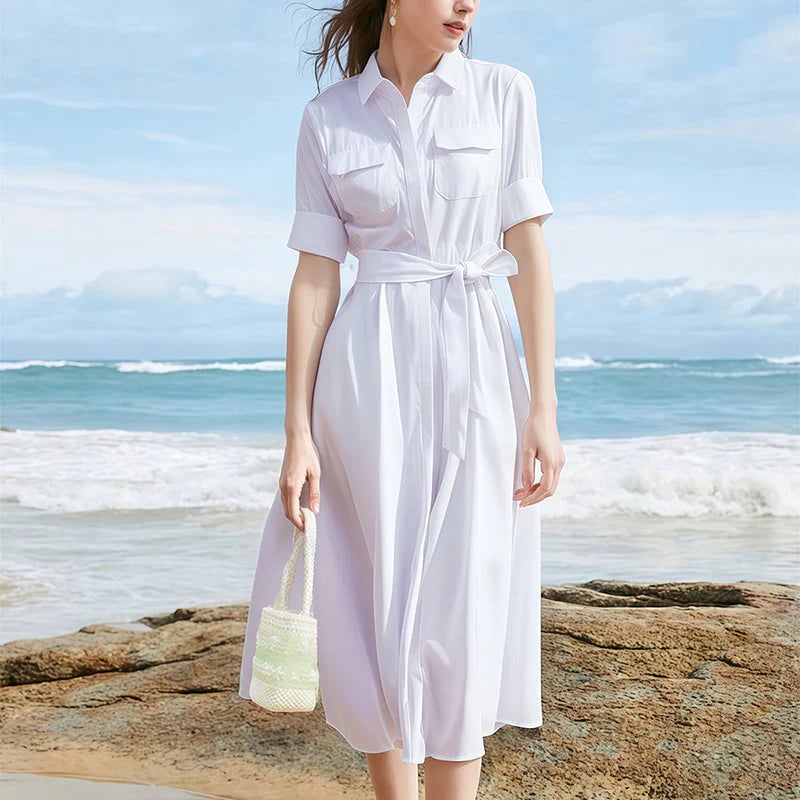 Robe chemise élégante avec ceinture nouée sur le devant 