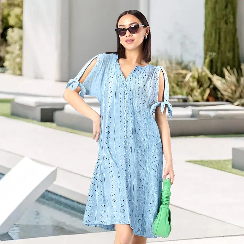 💃Robe unie élégante à col en V et ajourée pour femme - Achetez-en 2 et obtenez la livraison gratuite ! 