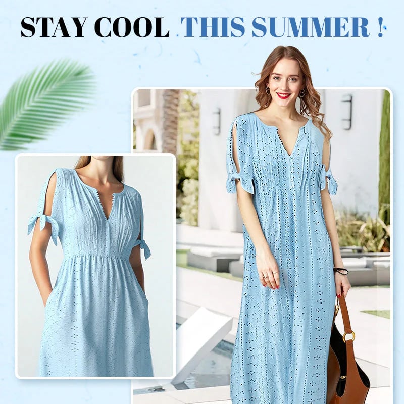 💃Robe unie élégante à col en V et ajourée pour femme - Achetez-en 2 et obtenez la livraison gratuite ! 
