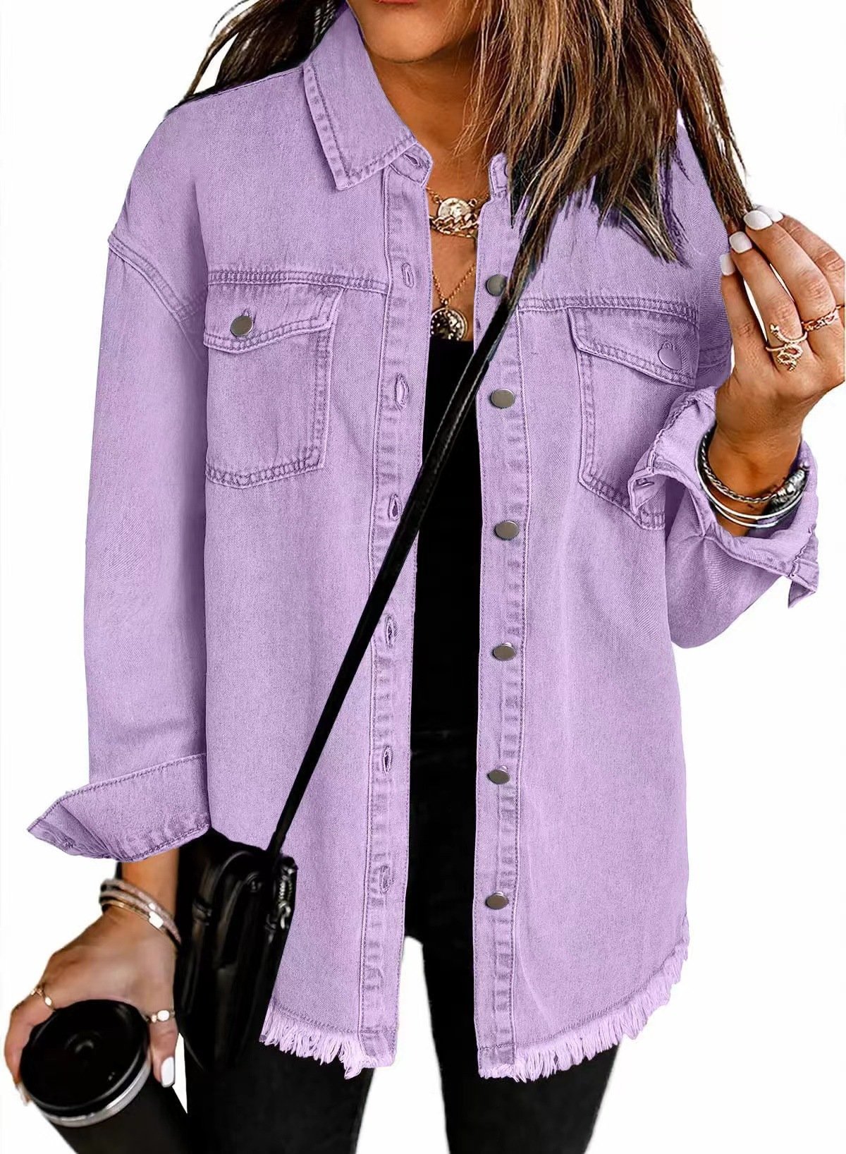 2025 Women's Casual Denim Button Down Distressed Jacket