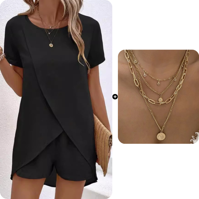 Women's Solid Color Irregular Top & Shorts Two Piece Set