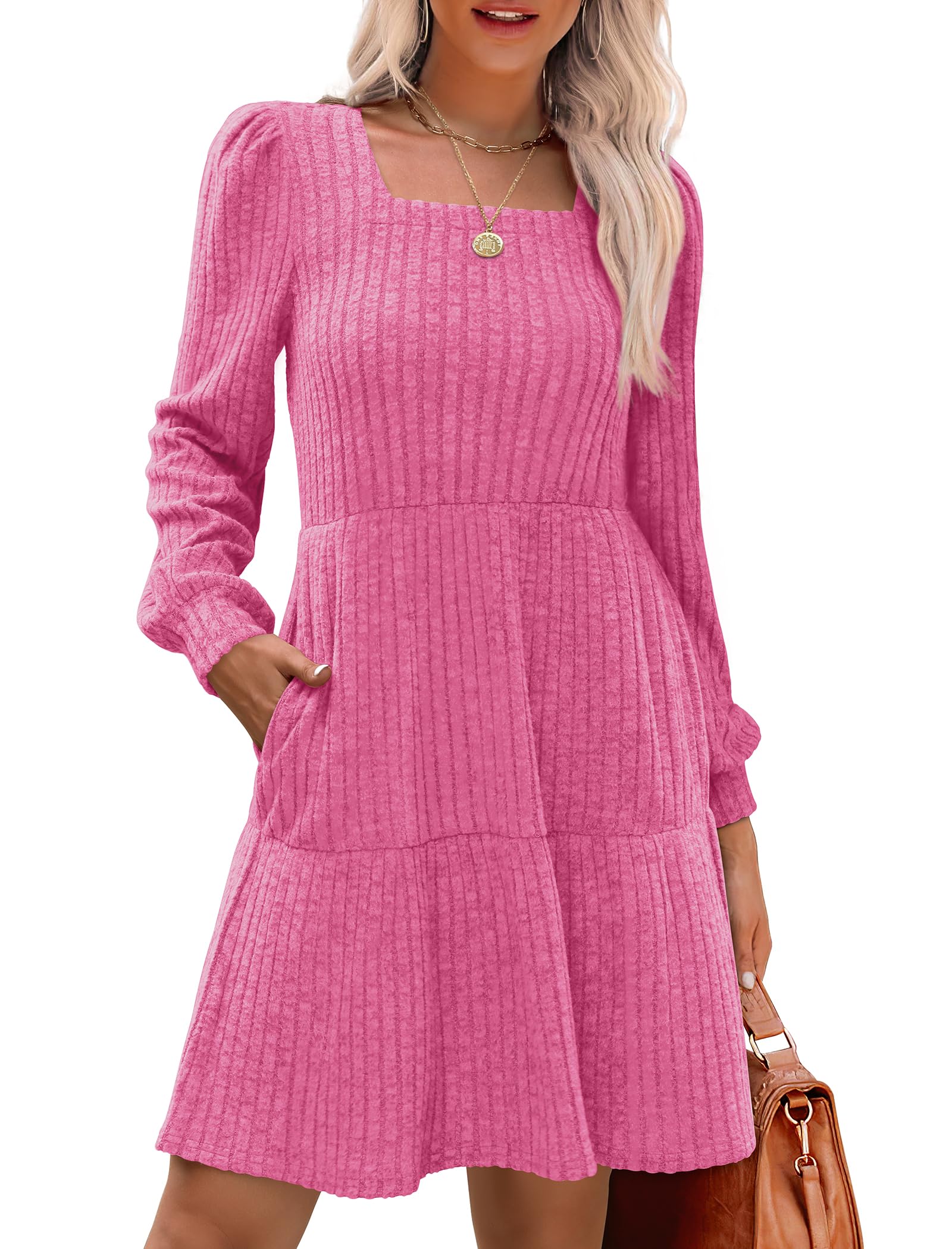 Women's Square Neck Lantern Sleeve Ribbed Dress - Buy 2, Get Free Shipping!