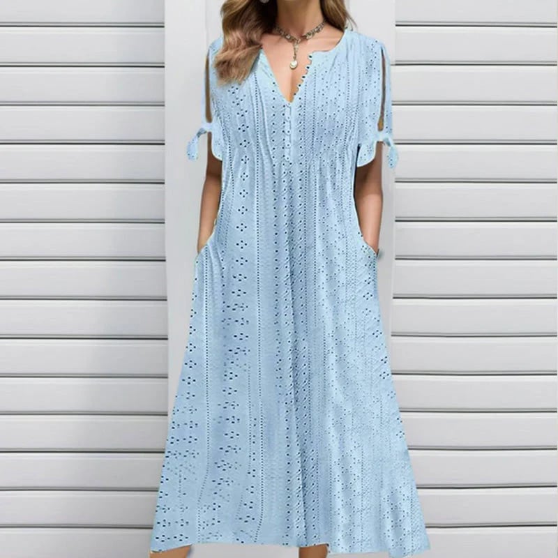 💃Robe unie élégante à col en V et ajourée pour femme - Achetez-en 2 et obtenez la livraison gratuite ! 