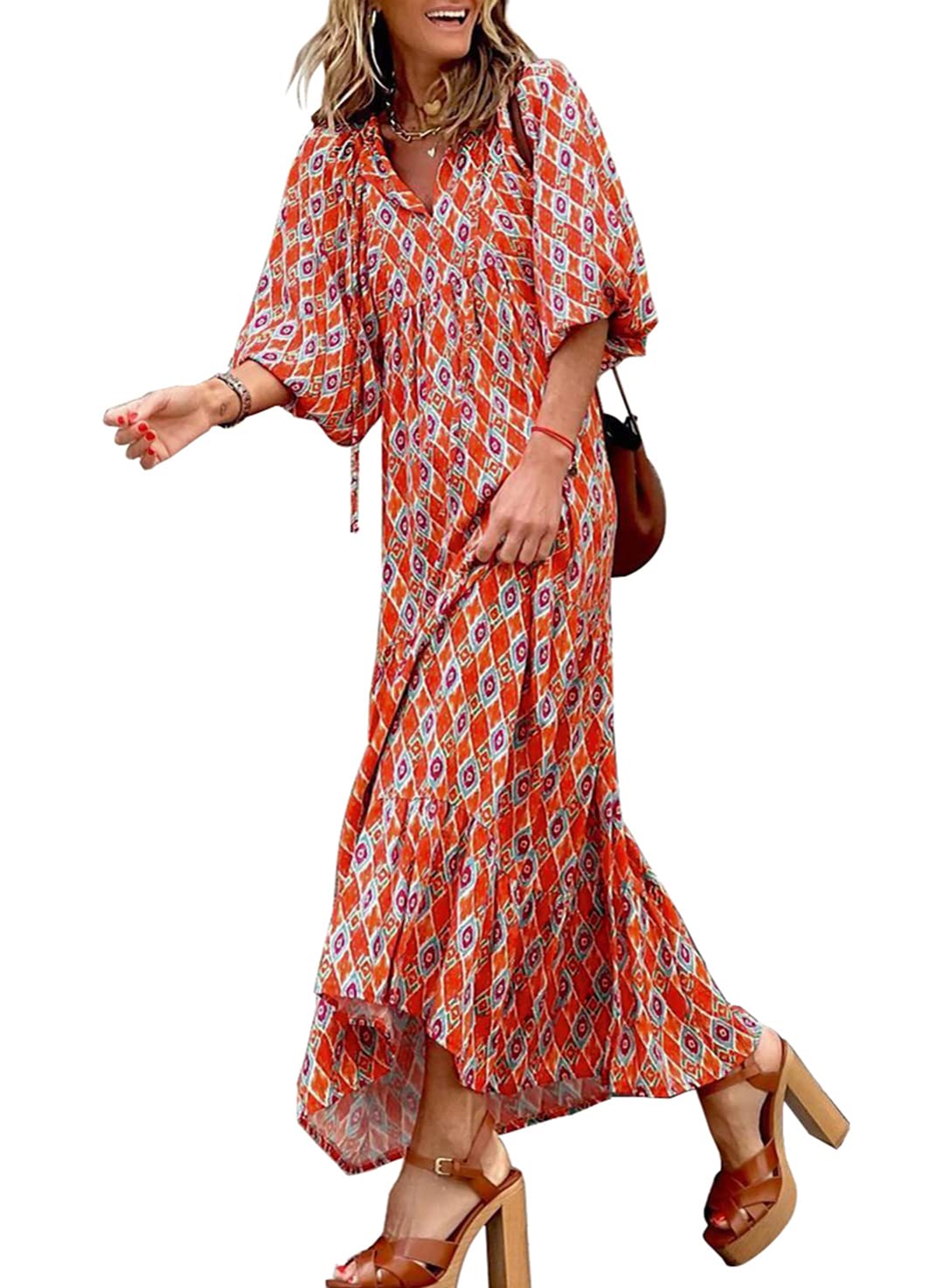 robes longues bohèmes géométriques à manches bouffantes pour femmes 