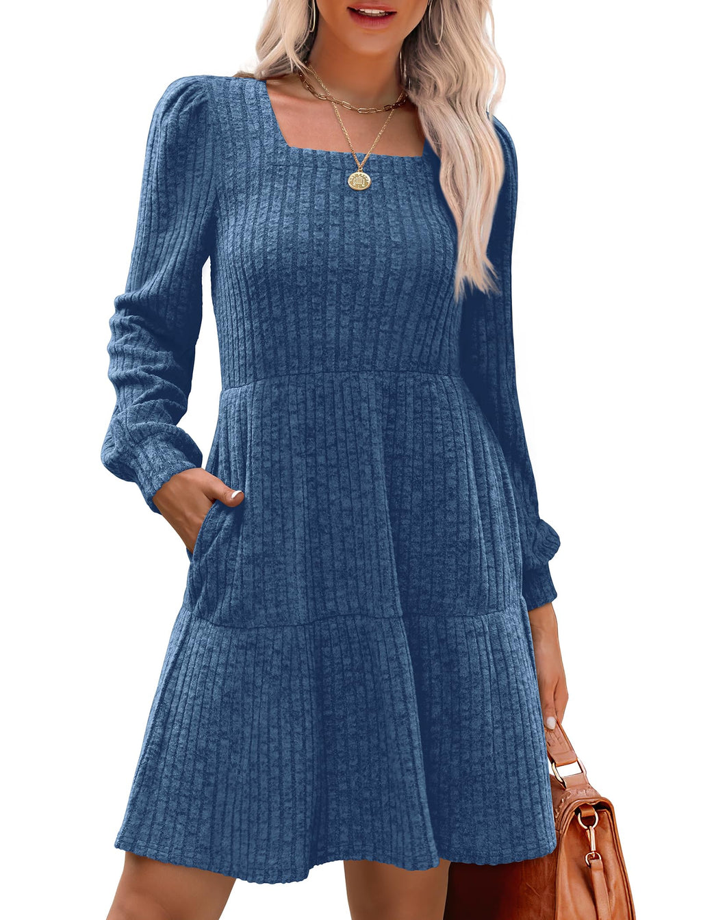 Women's Square Neck Lantern Sleeve Ribbed Dress - Buy 2, Get Free Shipping!