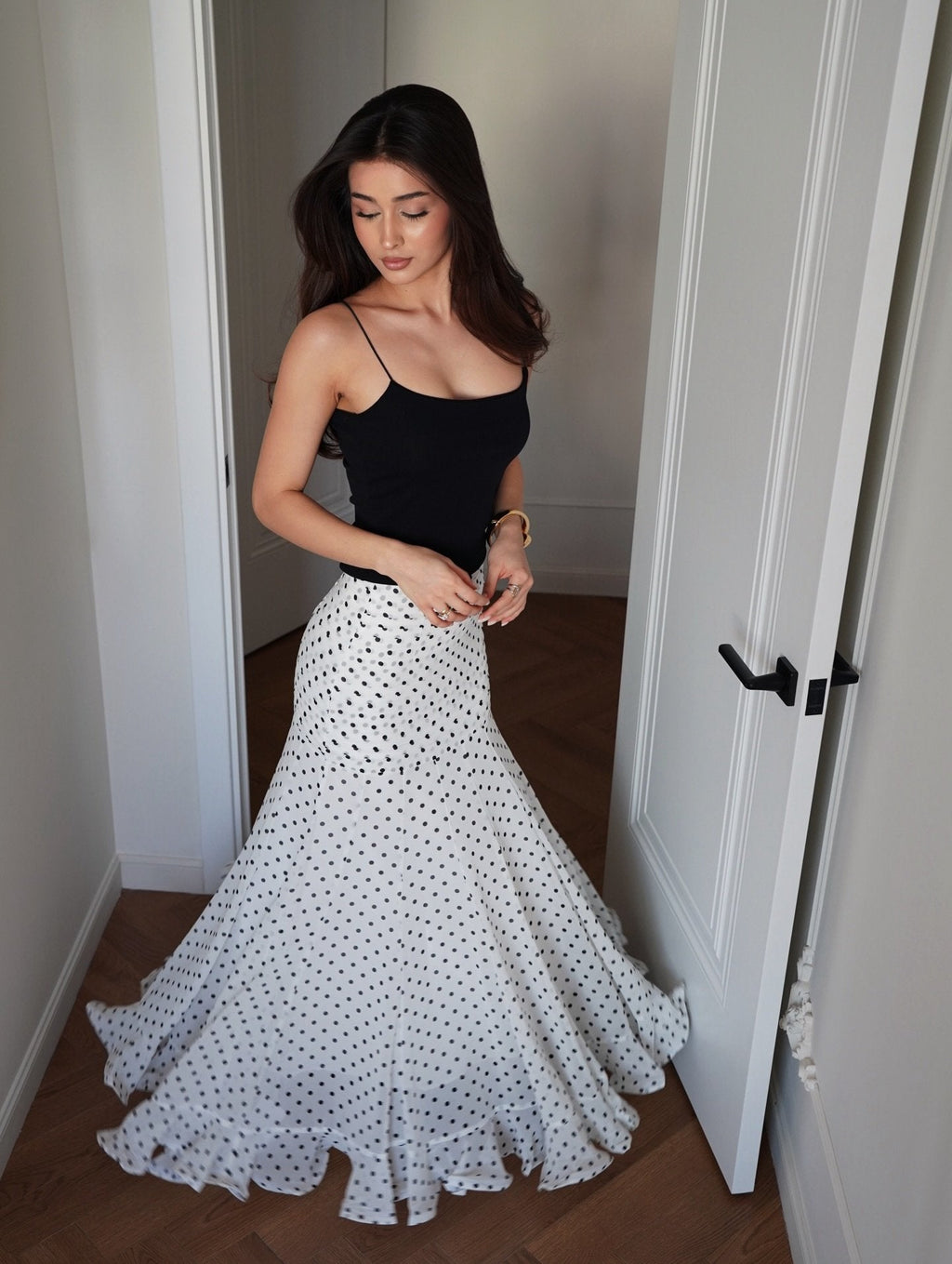 White & Black Polka Dot Floor-length Chiffon Skirt - Buy 2 items and get free shipping！