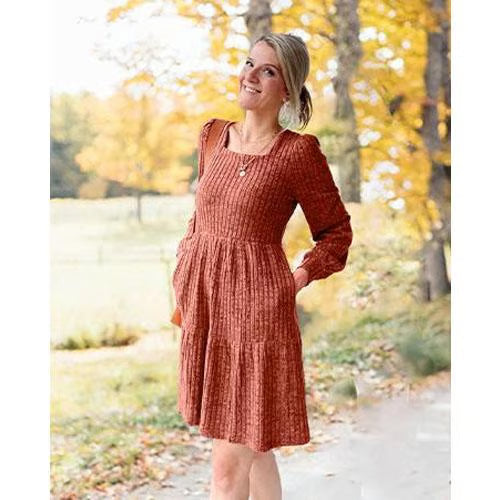 Women's Square Neck Lantern Sleeve Ribbed Dress - Buy 2, Get Free Shipping!