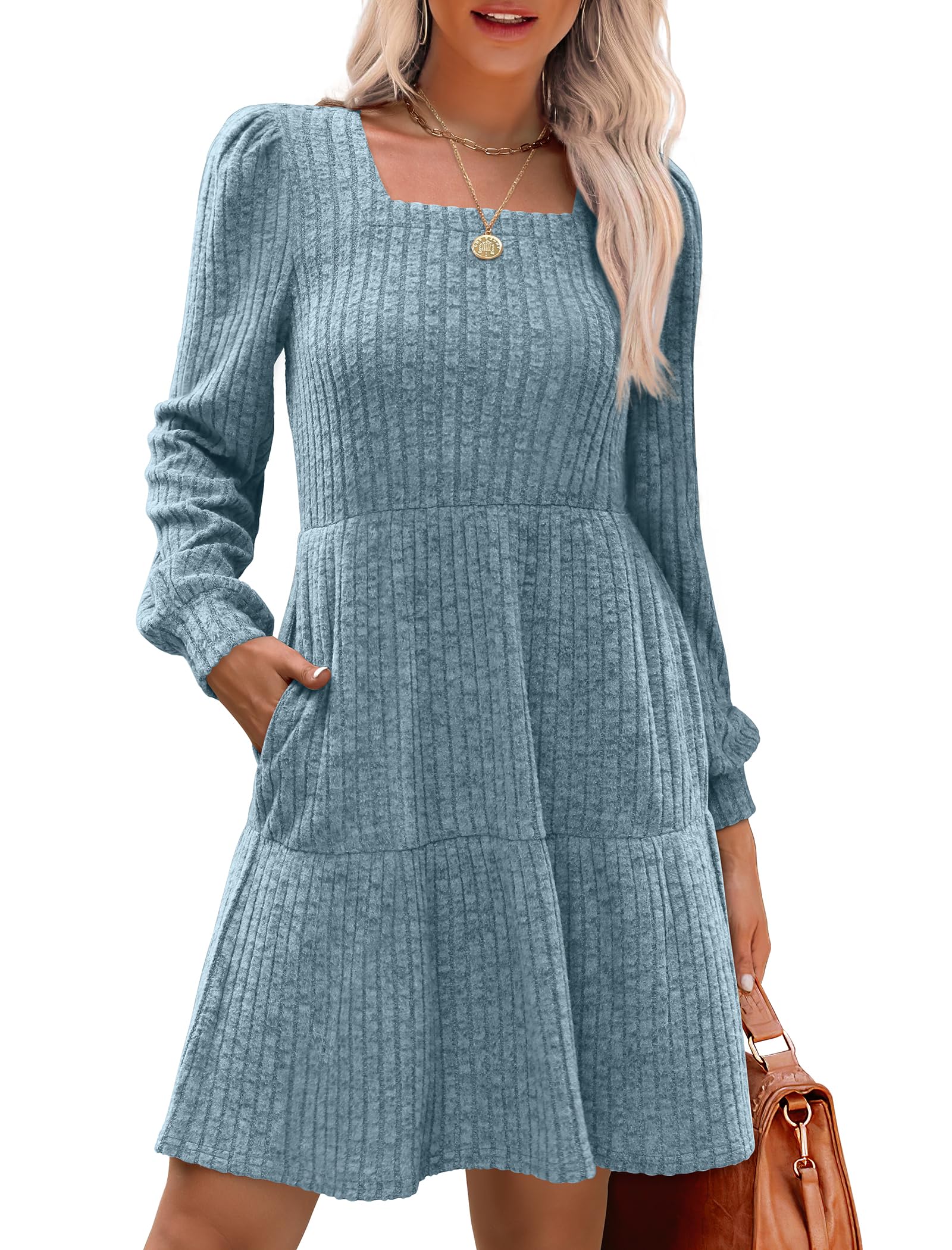 Women's Square Neck Lantern Sleeve Ribbed Dress - Buy 2, Get Free Shipping!