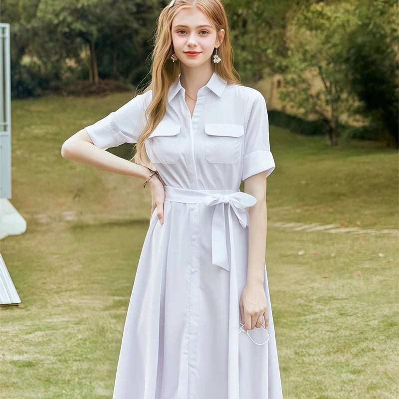 Robe chemise élégante avec ceinture nouée sur le devant 