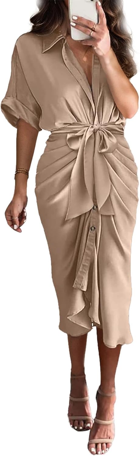 Robe chemise boutonnée en satin pour femme 
