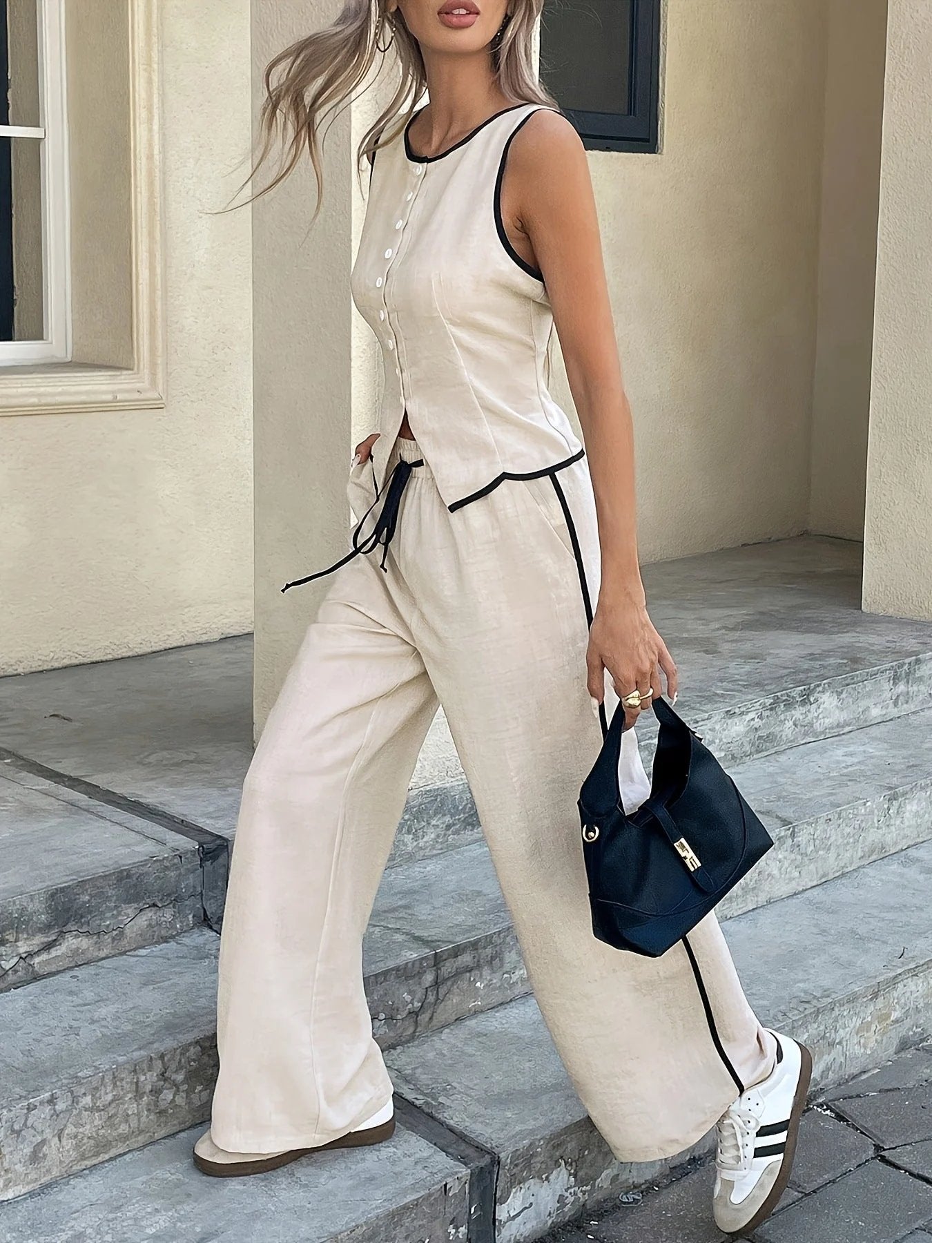 ⌛Ensemble deux pièces pour femme avec débardeur sans manches à bordure contrastée et pantalon à cordon de serrage à la taille 