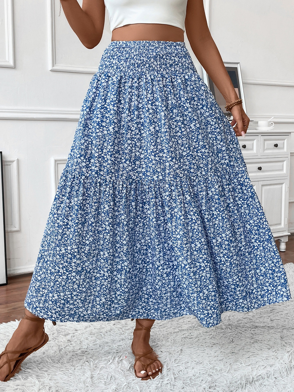 Floral print three-layer patchwork long skirt - Buy 2 items and get free shipping！