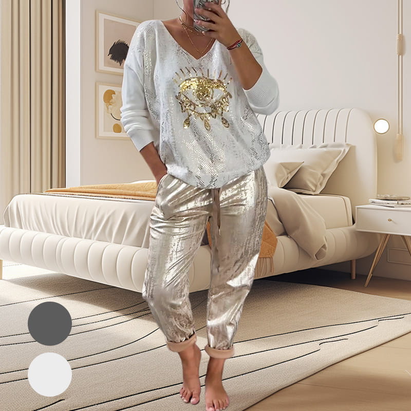 🌷2-teiliges Damen-Set: Devil's Eye Goldfolien-Oberteil und Pailletten-Hosen-Set