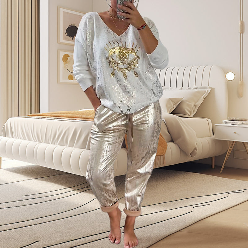 🌷2-teiliges Damen-Set: Devil's Eye Goldfolien-Oberteil und Pailletten-Hosen-Set
