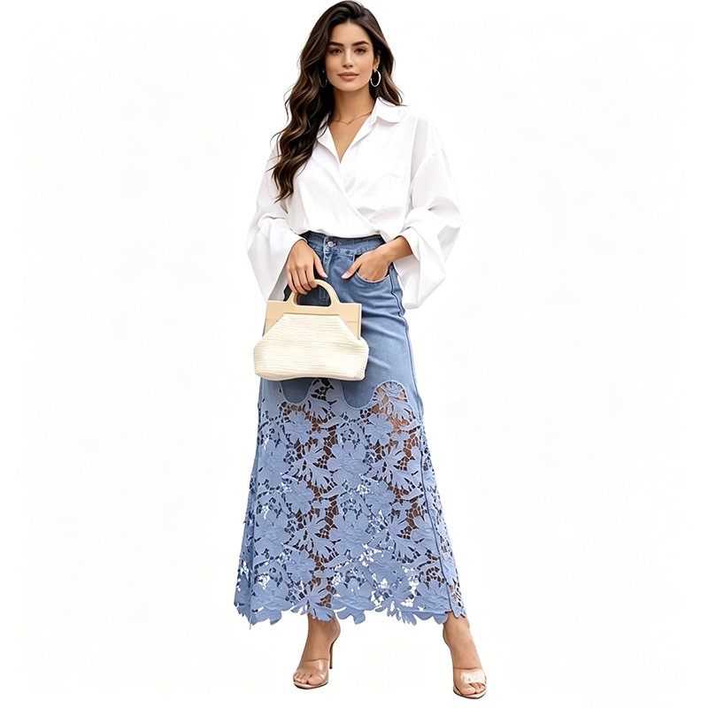 Women's denim bodycon skirt with lace trim