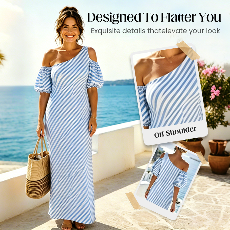 👗 LIMITED-TIME 49% OFF! ✨ Women's Striped Off Shoulder Dress – Elegant, Flowy, Summer Chic 🌊